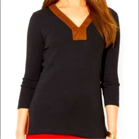 Lauren Ralph Lauren Women’s Tunic Top Black with Brown Faux Suede Trim Size 3X - Picture 1 of 12